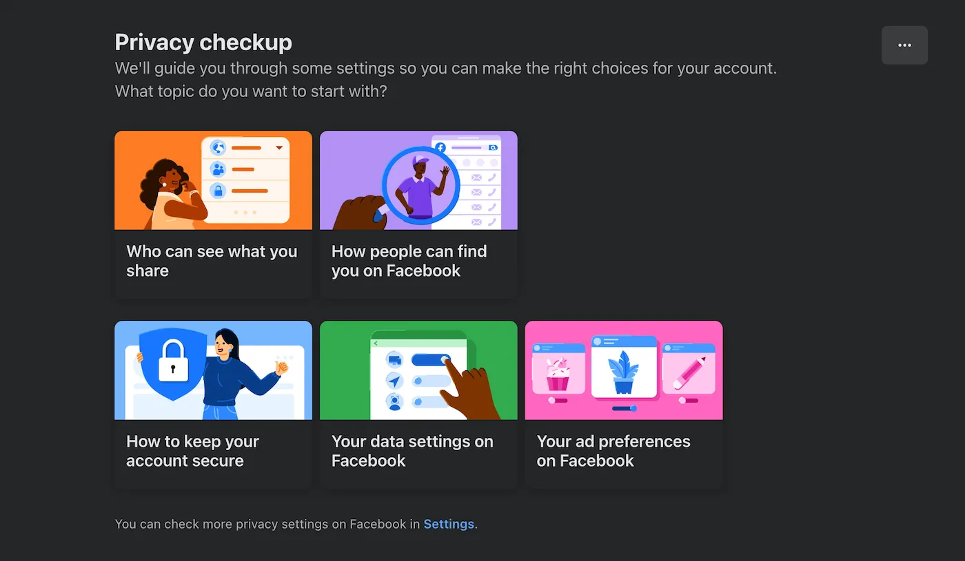 Facebook privacy checkup Facebook’s Privacy checkup page showing options on how to change your privacy settings on the social network.
